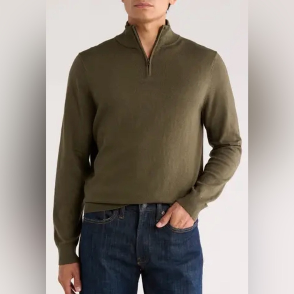 14th & Union Quarter Zip Cotton Cashmere Green Sweater Small Minimalist Neutral